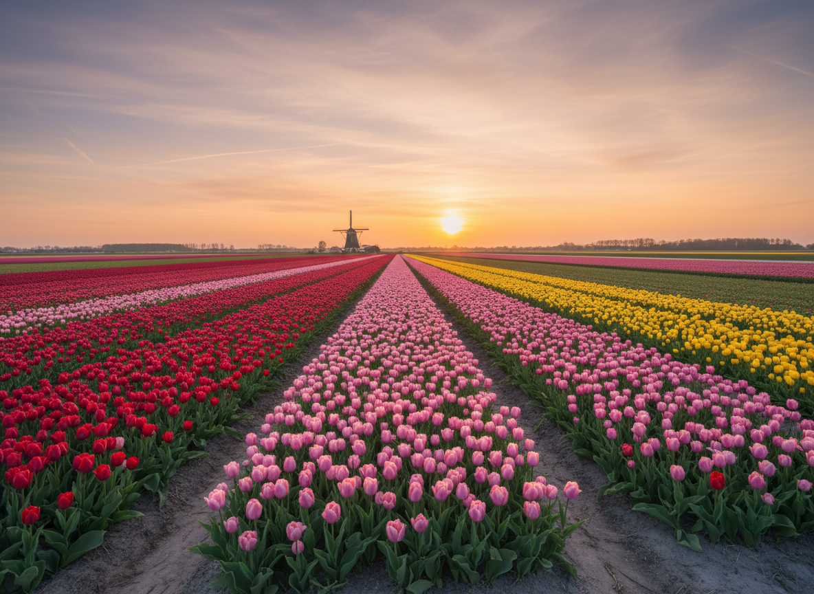 Rows of colorful tulips stretching toward a Dutch windmill at golden hour